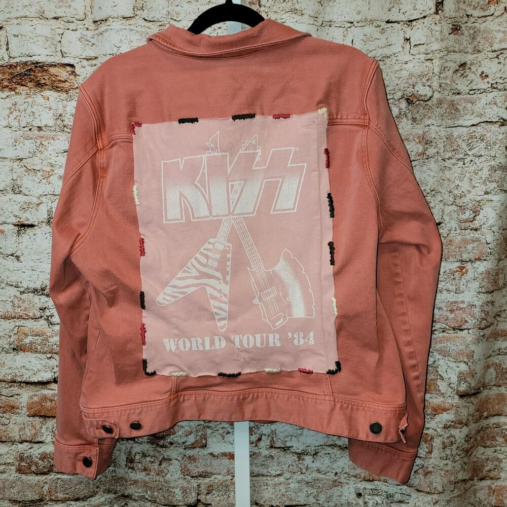 Upcycled KISS Band Tee Denim Jean Jacket, size large